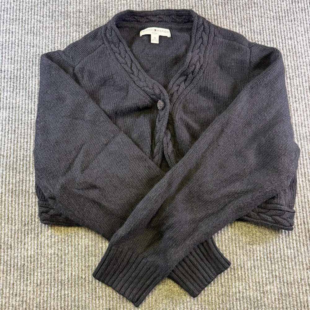 Tommy Hilfiger Cropped Cardigan 3X Black Viscose Cotton Angora Blend Cable Knit